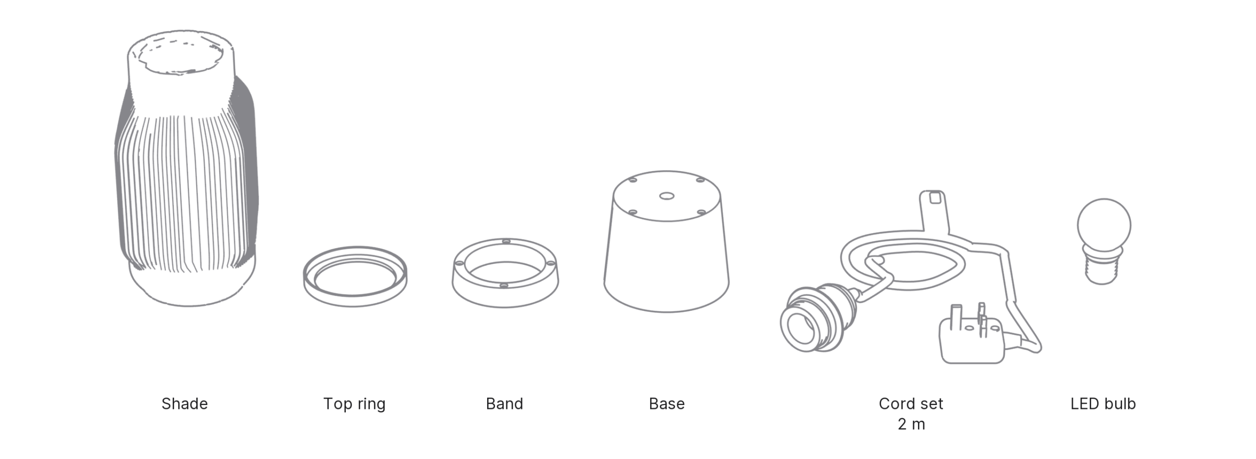 What's in the box with Fins, Small: shade, top ring, band, base, cord set and LED bulb.