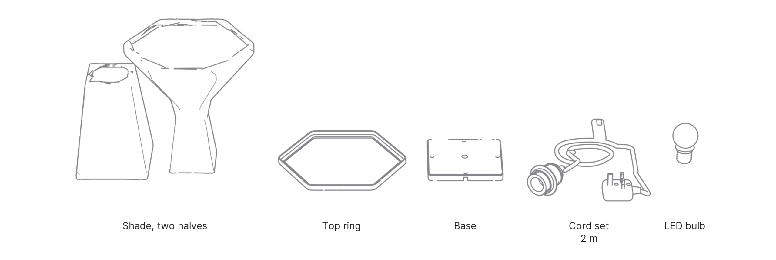 What's in the box with Flare, Large: shade, two halves ×2, top ring, base, cord set and LED bulb.