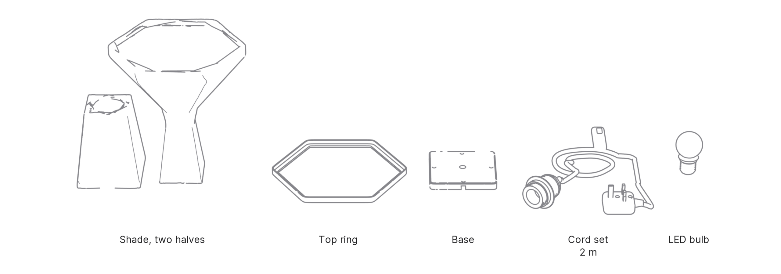 What's in the box with Flare, Medium: shade, two halves ×2, top ring, base, cord set and LED bulb.
