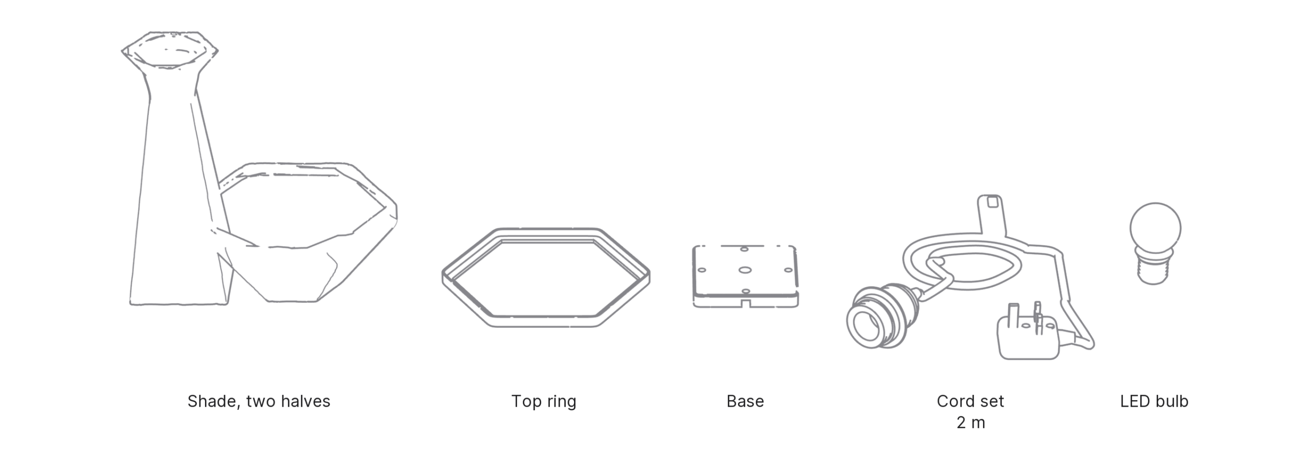 What's in the box with Flare, Small: shade, two halves ×2, top ring, base, cord set and LED bulb.