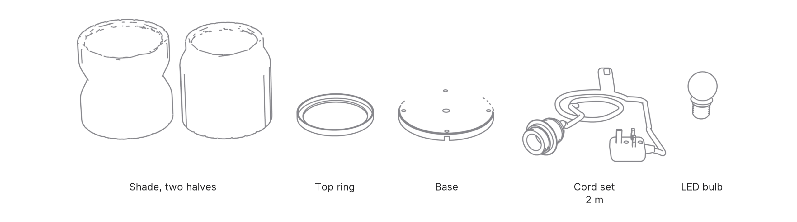 What's in the box with Fluted, Large: shade, two halves ×2, top ring, base, cord set and LED bulb.