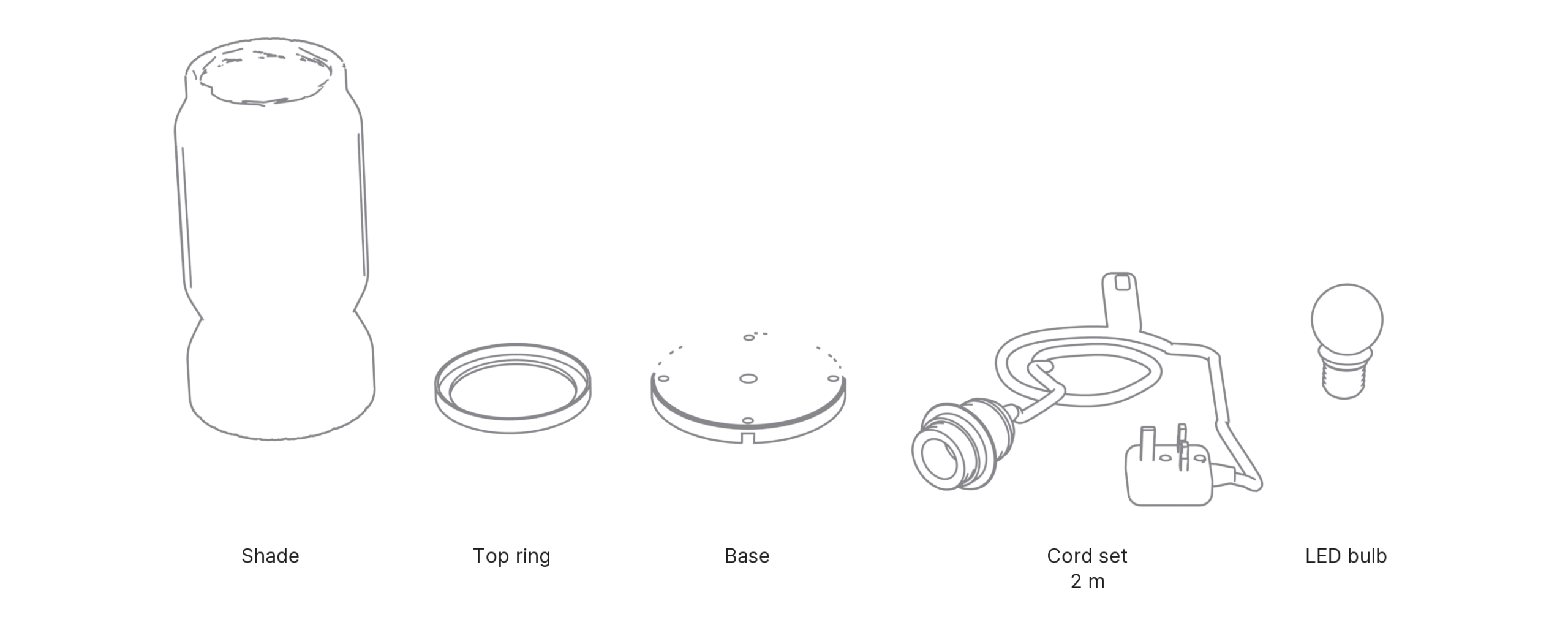 What's in the box with Fluted, Medium: shade, top ring, base, cord set and LED bulb.