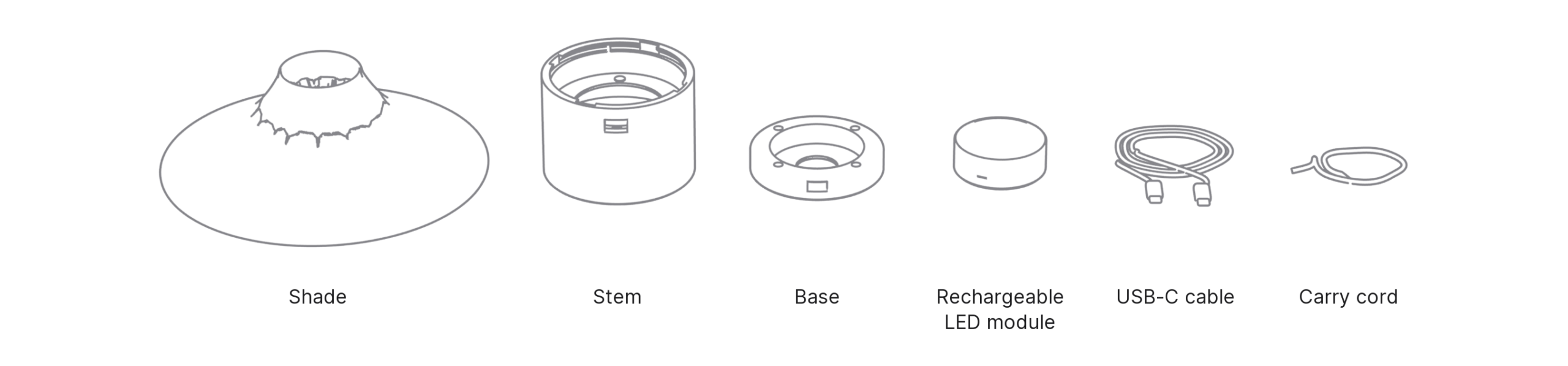 What's in the box with Fuji: shade, stem, base, rechargeable LED module, uSB-C cable and carry cord.