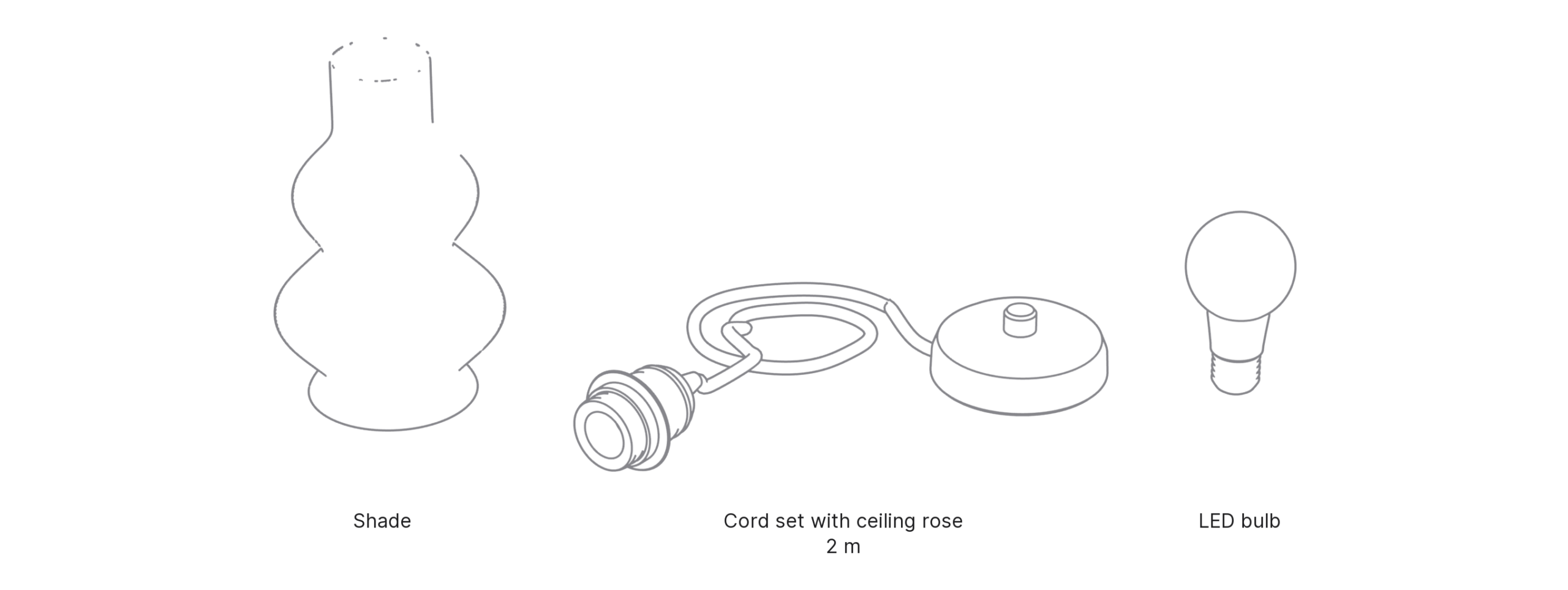 What's in the box with Gourd, Medium: shade, cord set with ceiling rose and LED bulb.