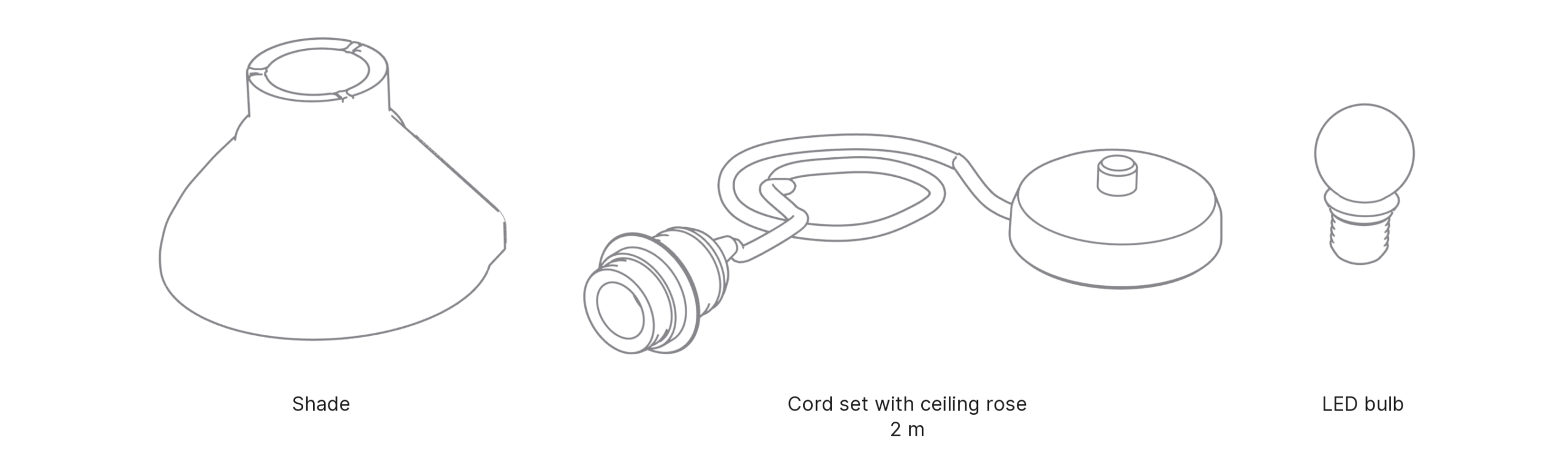 What's in the box with Hachi, Small: shade, cord set with ceiling rose and LED bulb.