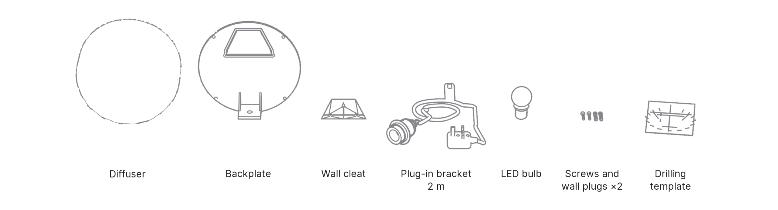 What's in the box with Hamon Wall: diffuser, backplate, wall cleat, plug-in bracket, LED bulb, screws and wall plugs ×2 and drilling template.
