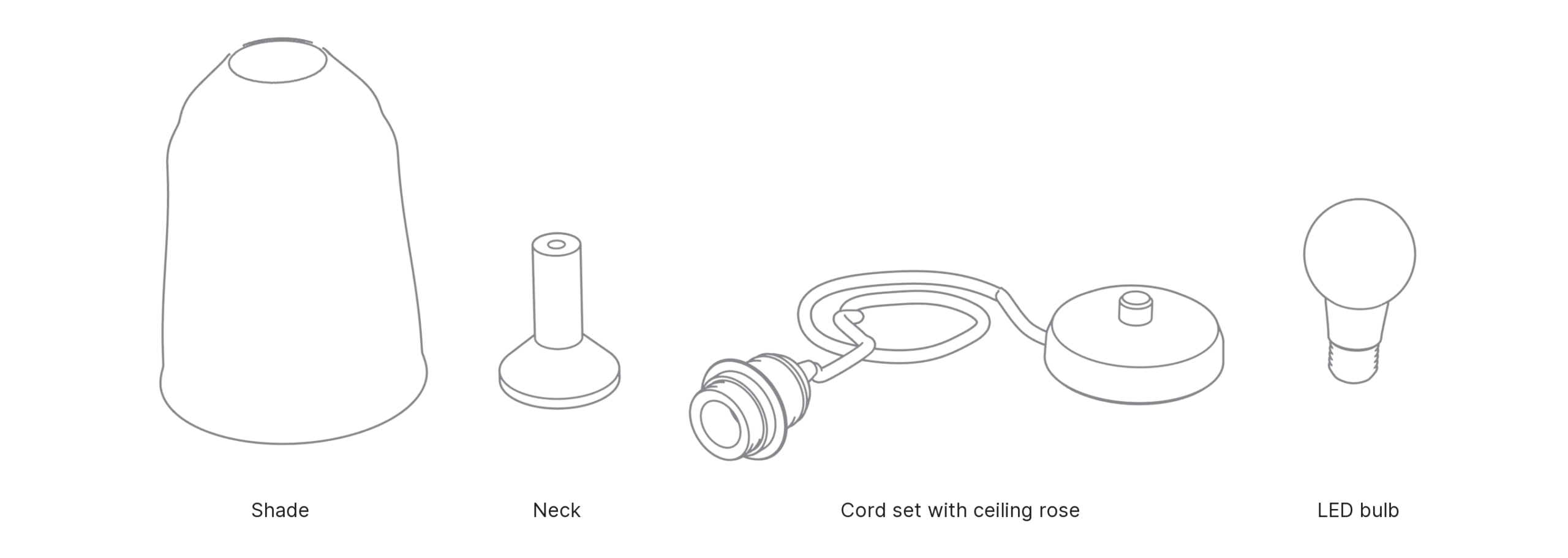 What's in the box with Handbell, Medium: shade, neck, cord set with ceiling rose and LED bulb.