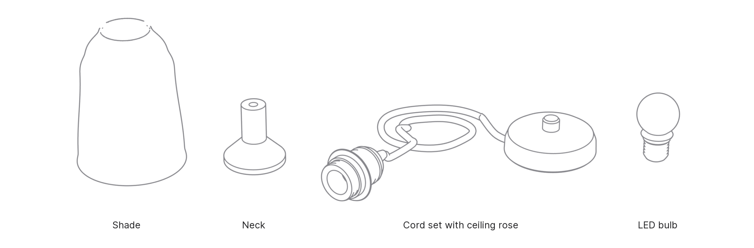 What's in the box with Handbell, Small: shade, neck, cord set with ceiling rose and LED bulb.
