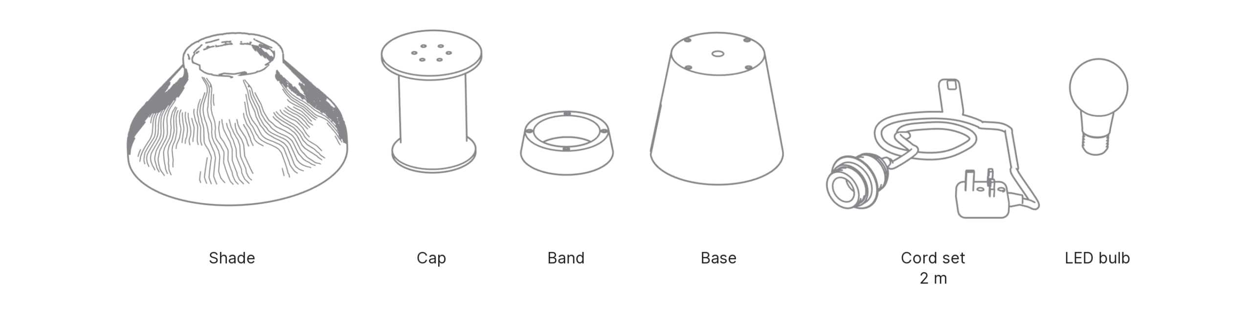 What's in the box with Hasu, Large: shade, cap, band, base, cord set and LED bulb.