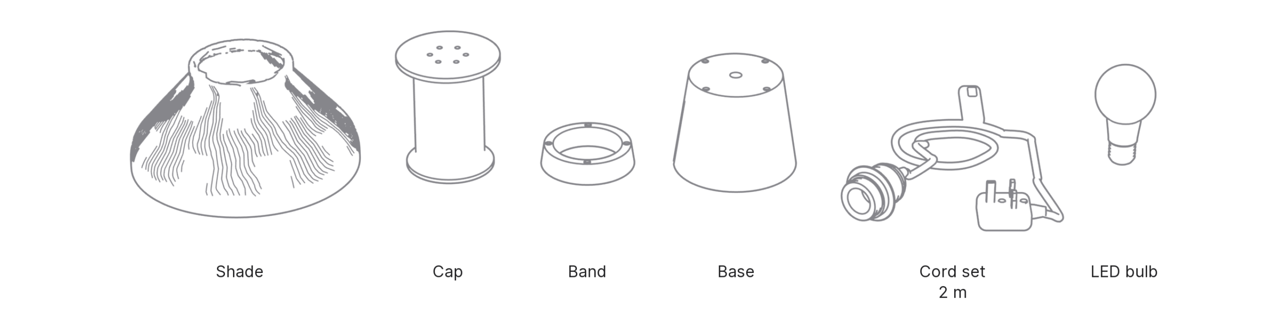 What's in the box with Hasu, Medium: shade, cap, band, base, cord set and LED bulb.
