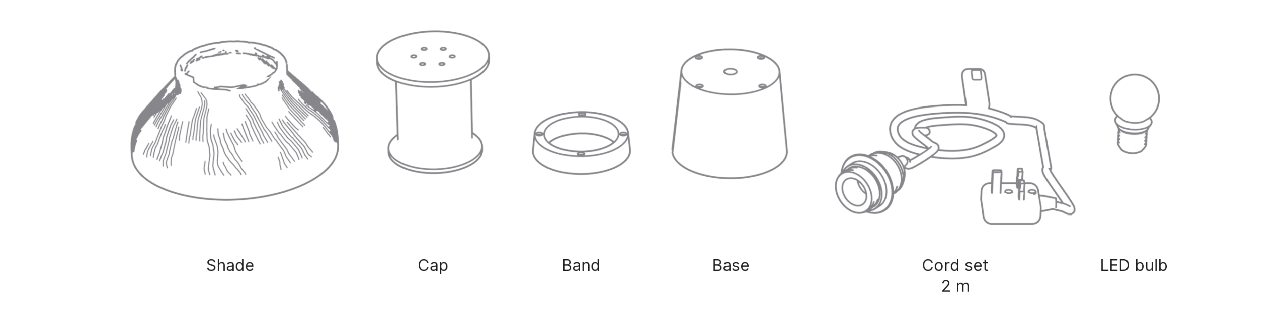 What's in the box with Hasu, Small: shade, cap, band, base, cord set and LED bulb.