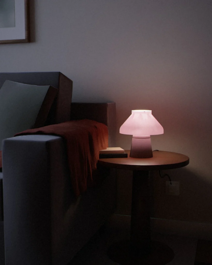 Hasu lit in a furnished room in the evening