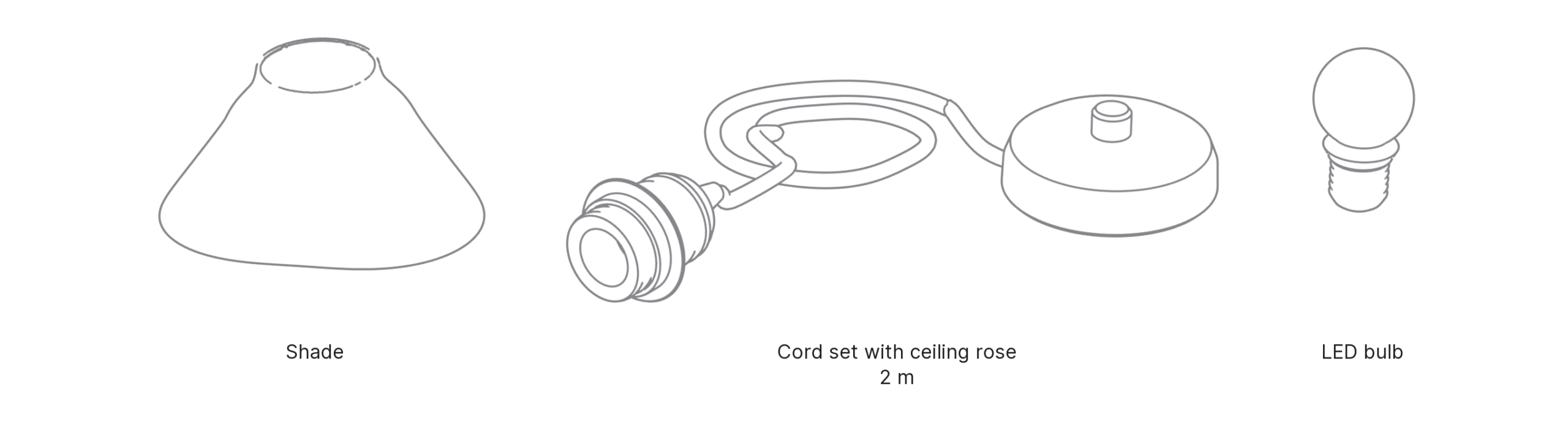 What's in the box with Hat, Small: shade, cord set with ceiling rose and LED bulb.