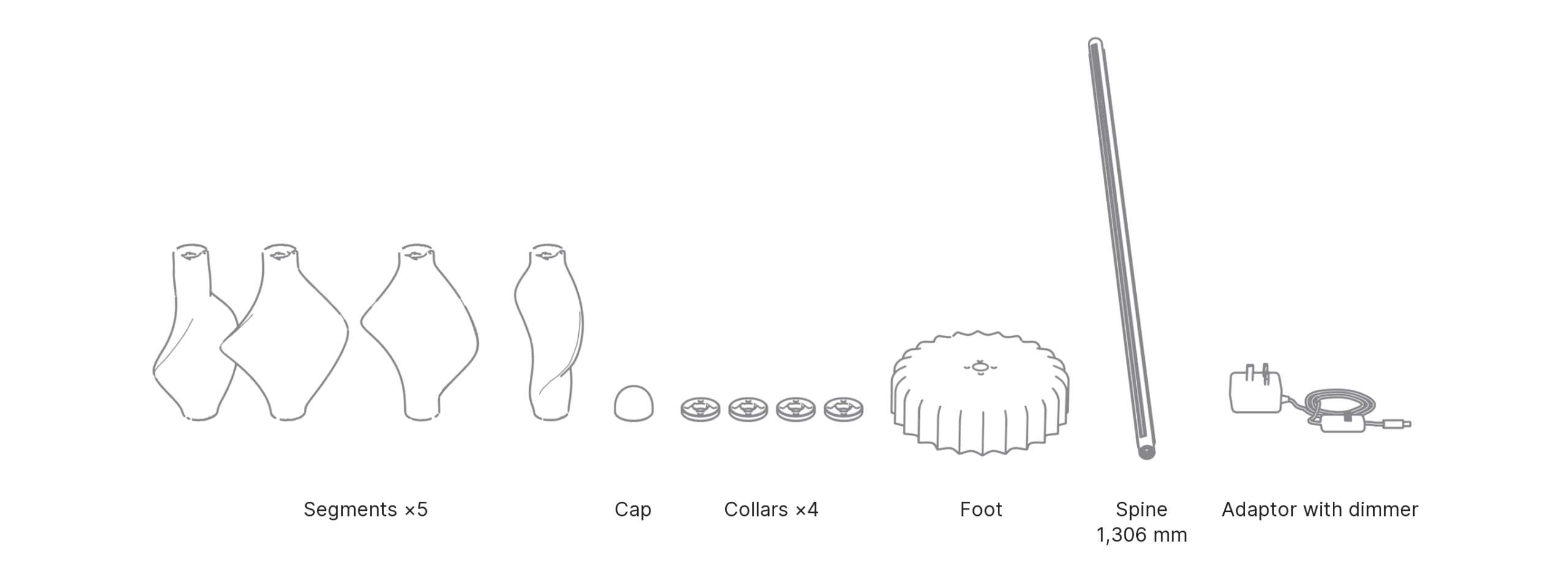 What's in the box with Helix: segments ×5, cap, collars ×4, foot, spine 1,306 mm and adaptor with dimmer.