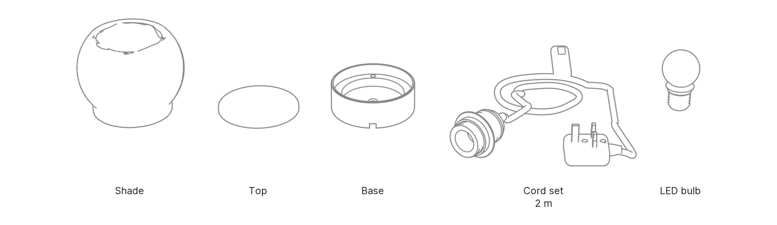 What's in the box with Hotaru: shade, top, base, cord set and LED bulb.