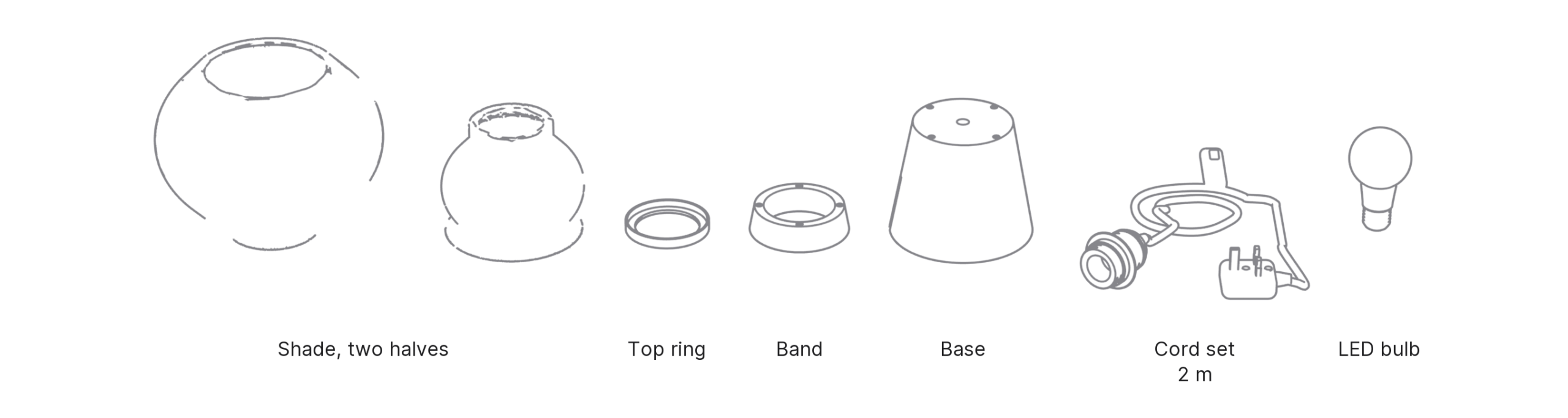 What's in the box with Hyōtan, Large: shade, two halves ×2, top ring, band, base, cord set and LED bulb.