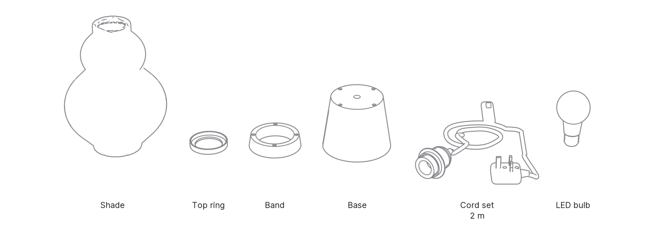 What's in the box with Hyōtan, Medium: shade, top ring, band, base, cord set and LED bulb.