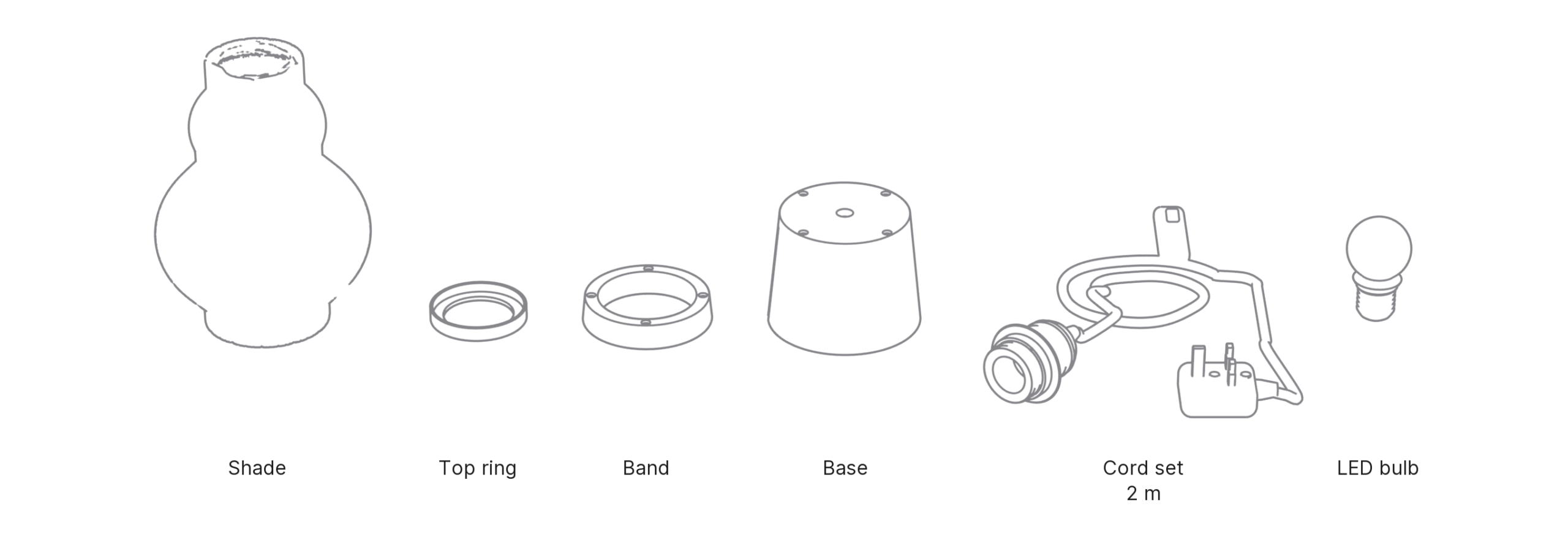 What's in the box with Hyōtan, Small: shade, top ring, band, base, cord set and LED bulb.
