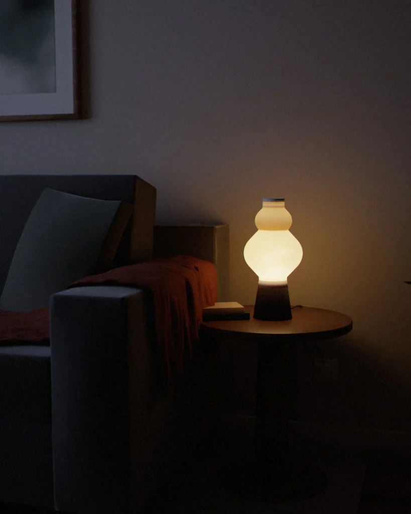Hyōtan lit in a furnished room in the evening