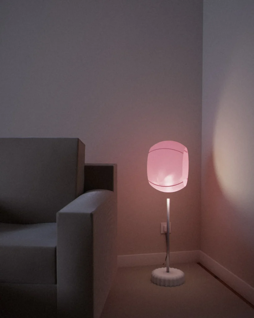 Kabuto lit in a furnished room in the evening
