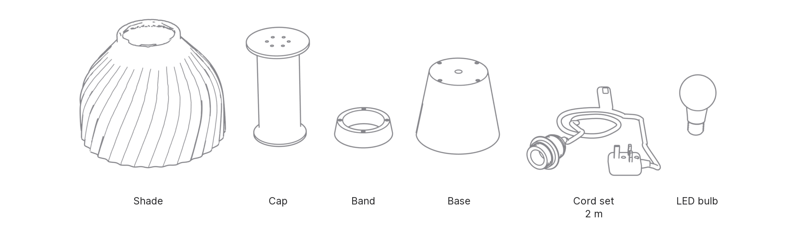 What's in the box with Kasa, Large: shade, cap, band, base, cord set and LED bulb.