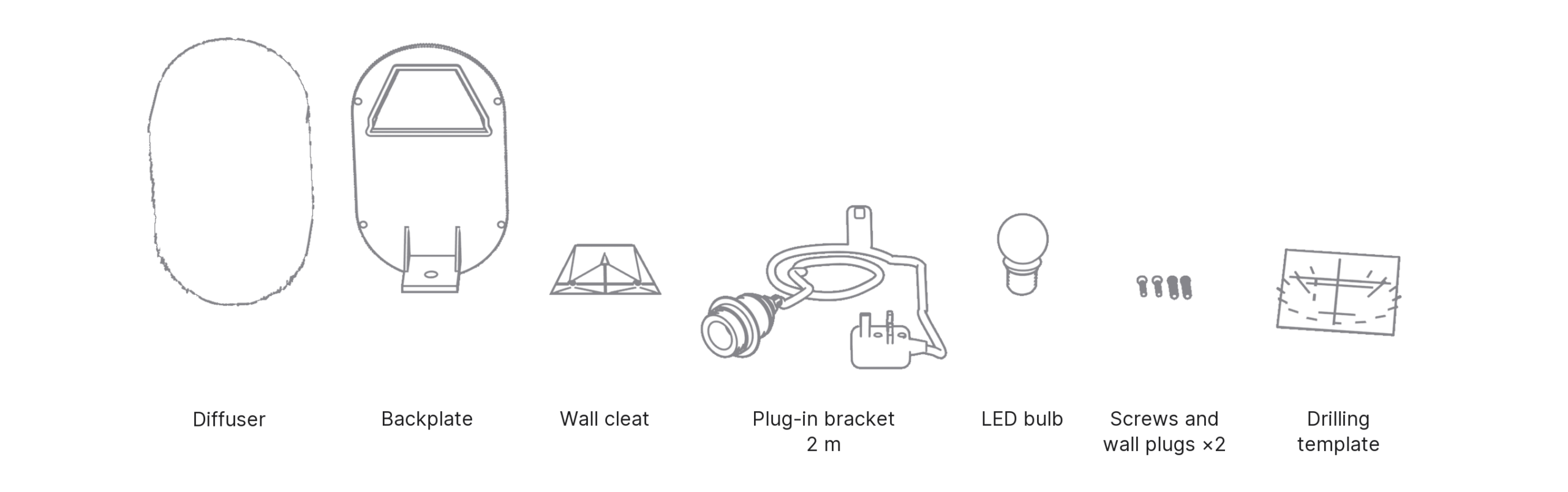 What's in the box with Koban: diffuser, backplate, wall cleat, plug-in bracket, LED bulb, screws and wall plugs ×2 and drilling template.