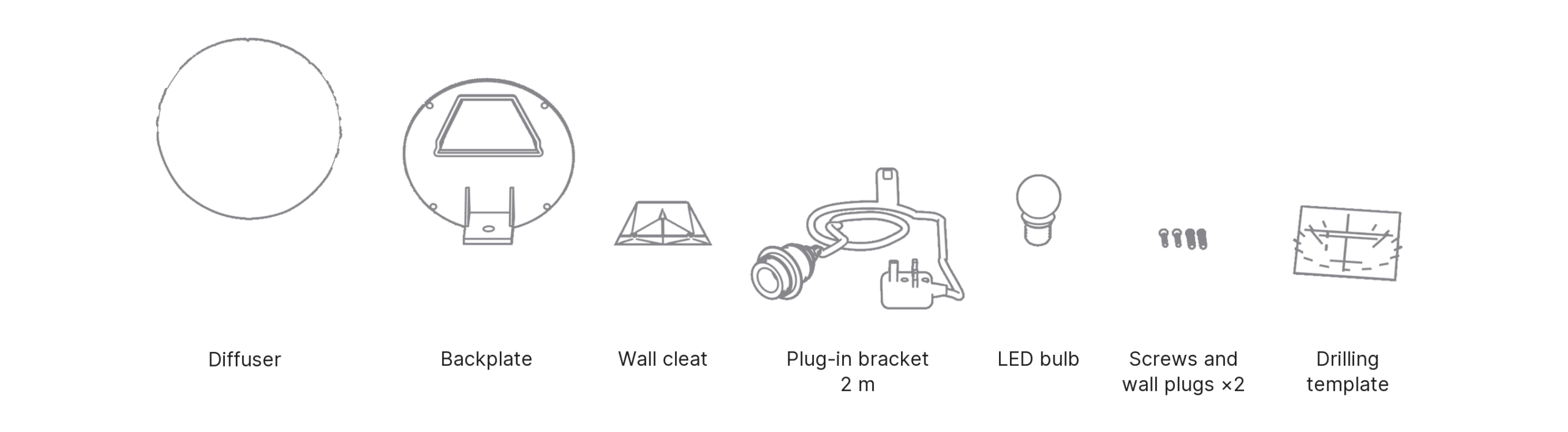 What's in the box with Koma Wall: diffuser, backplate, wall cleat, plug-in bracket, LED bulb, screws and wall plugs ×2 and drilling template.