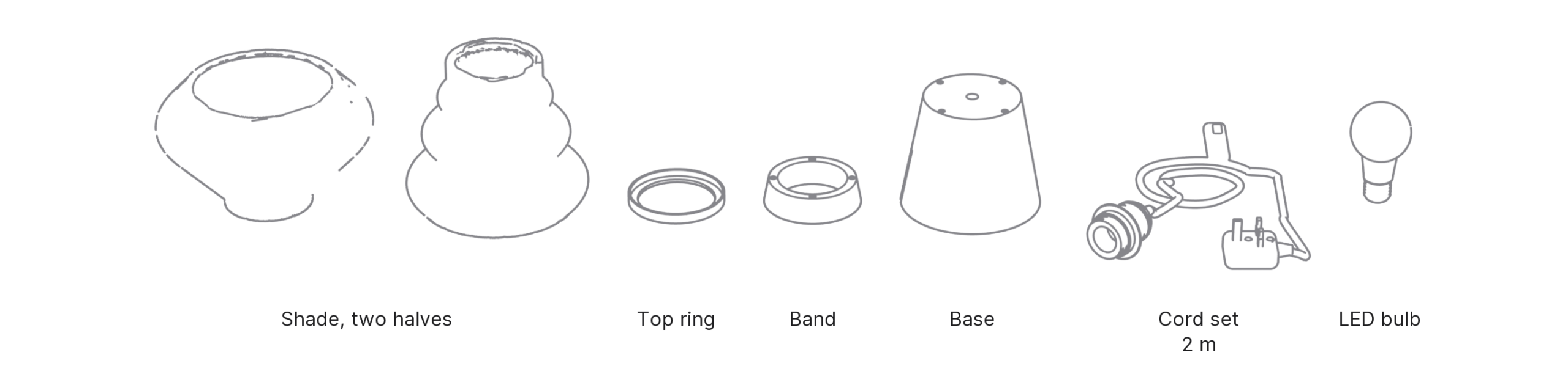 What's in the box with Kumo, Large: shade, two halves ×2, top ring, band, base, cord set and LED bulb.