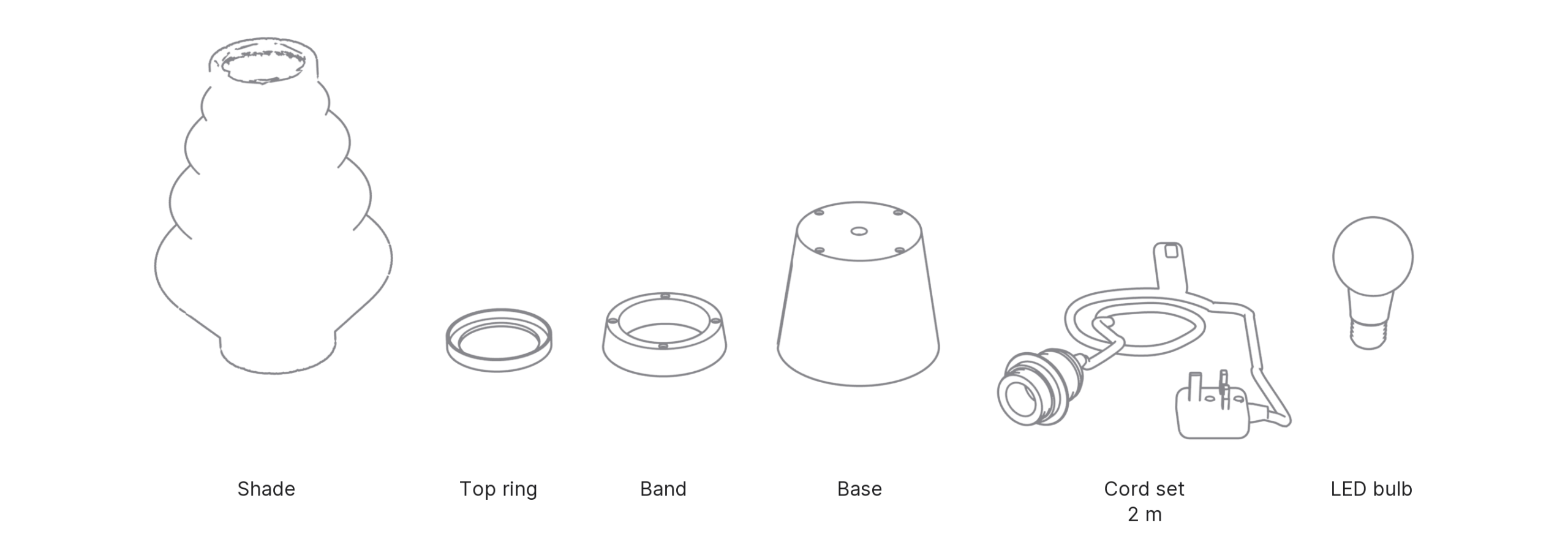What's in the box with Kumo, Medium: shade, top ring, band, base, cord set and LED bulb.