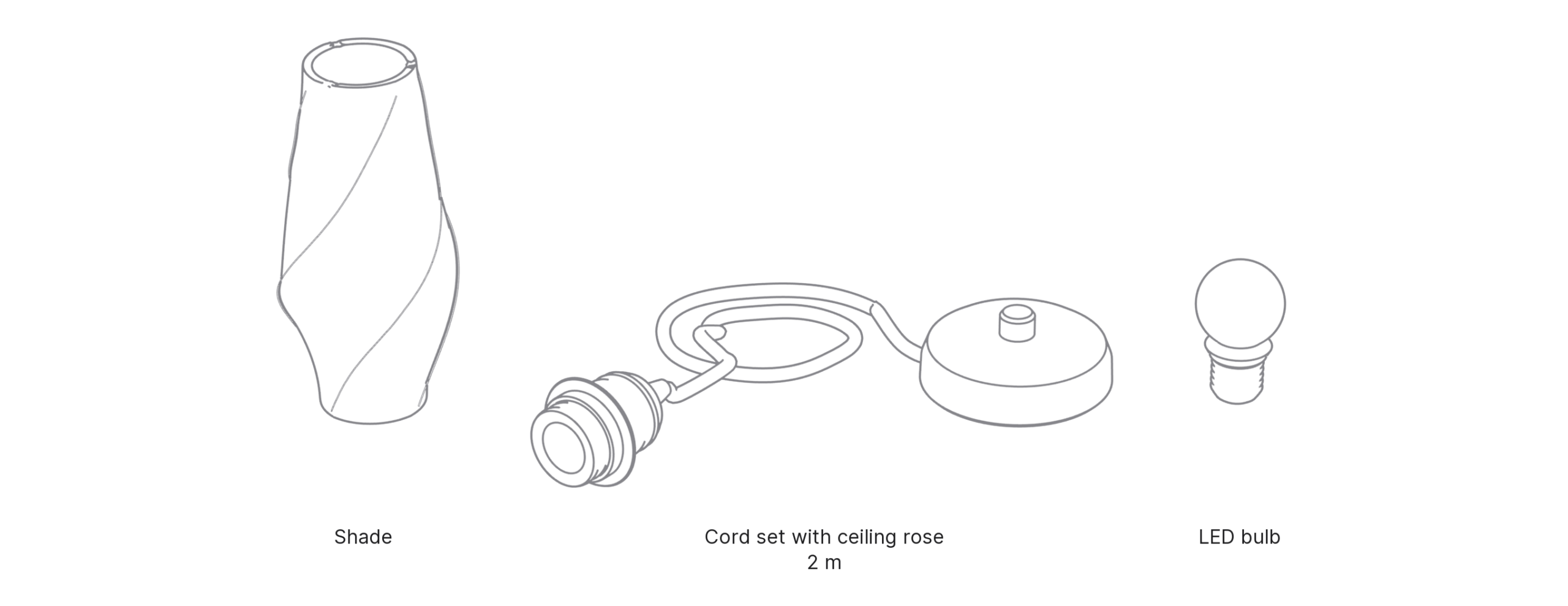 What's in the box with Leaf, Small: shade, cord set with ceiling rose and LED bulb.