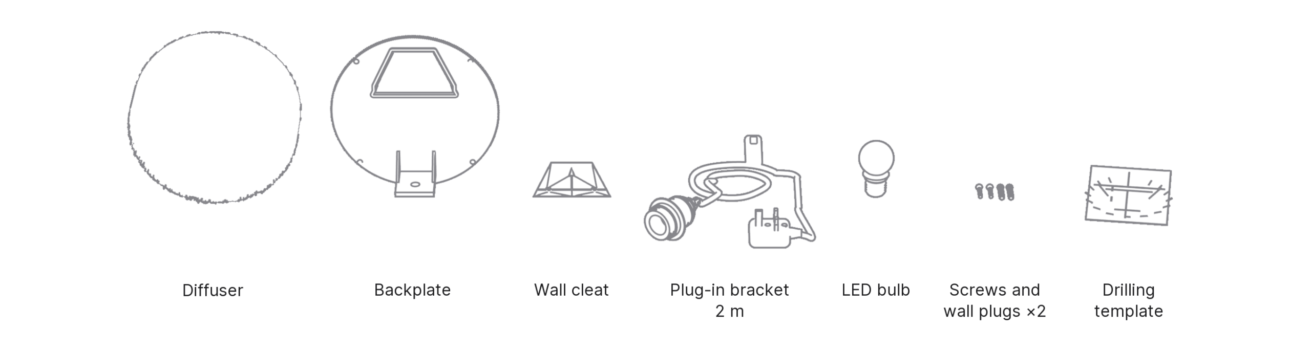 What's in the box with Maru: diffuser, backplate, wall cleat, plug-in bracket, LED bulb, screws and wall plugs ×2 and drilling template.