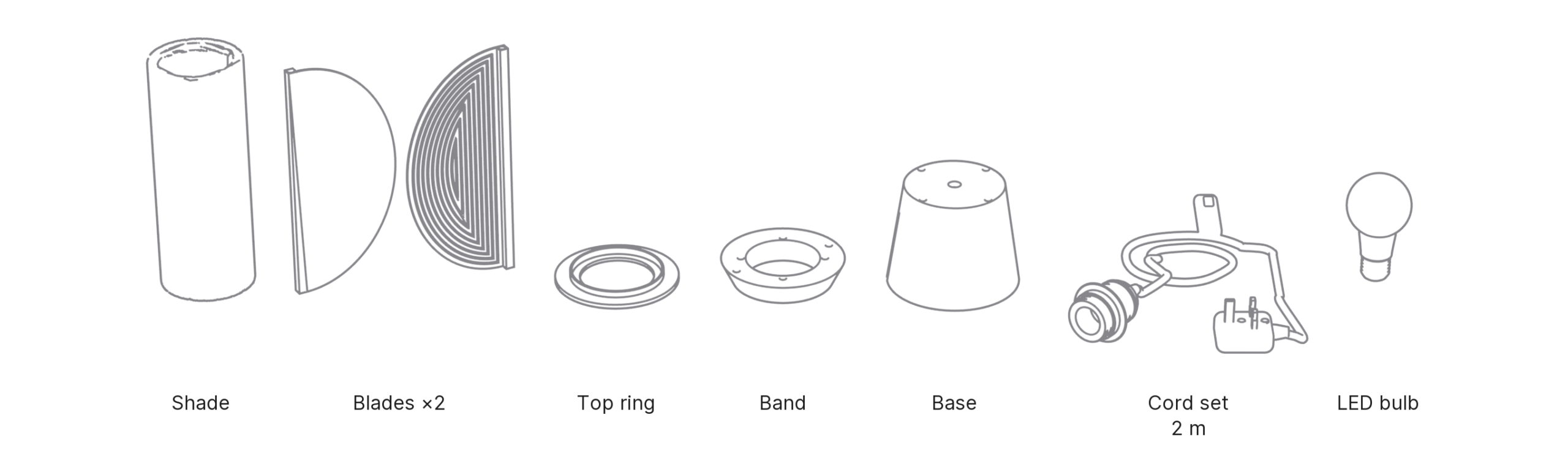 What's in the box with Moon, Medium: shade, blades ×2, top ring, band, base, cord set and LED bulb.