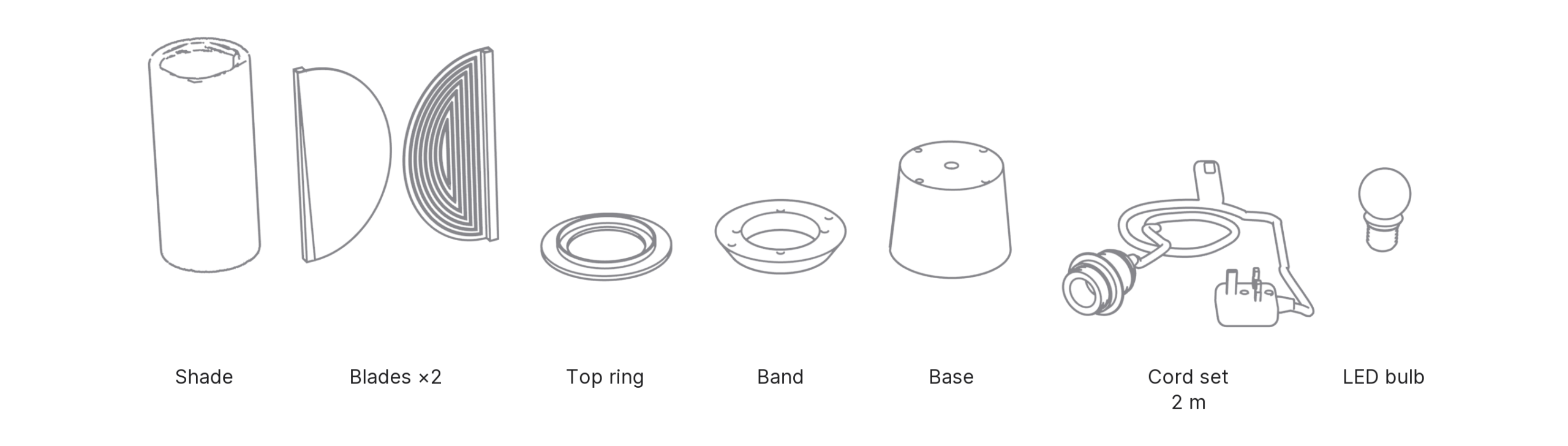 What's in the box with Moon, Small: shade, blades ×2, top ring, band, base, cord set and LED bulb.