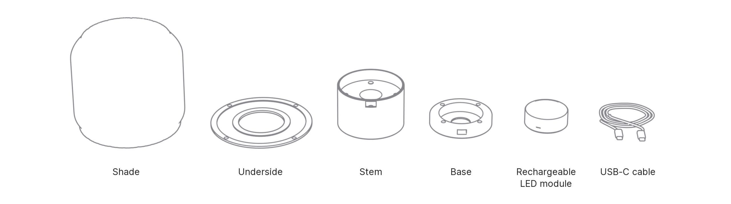 What's in the box with Moyō: shade, underside, stem, base, rechargeable LED module and uSB-C cable.