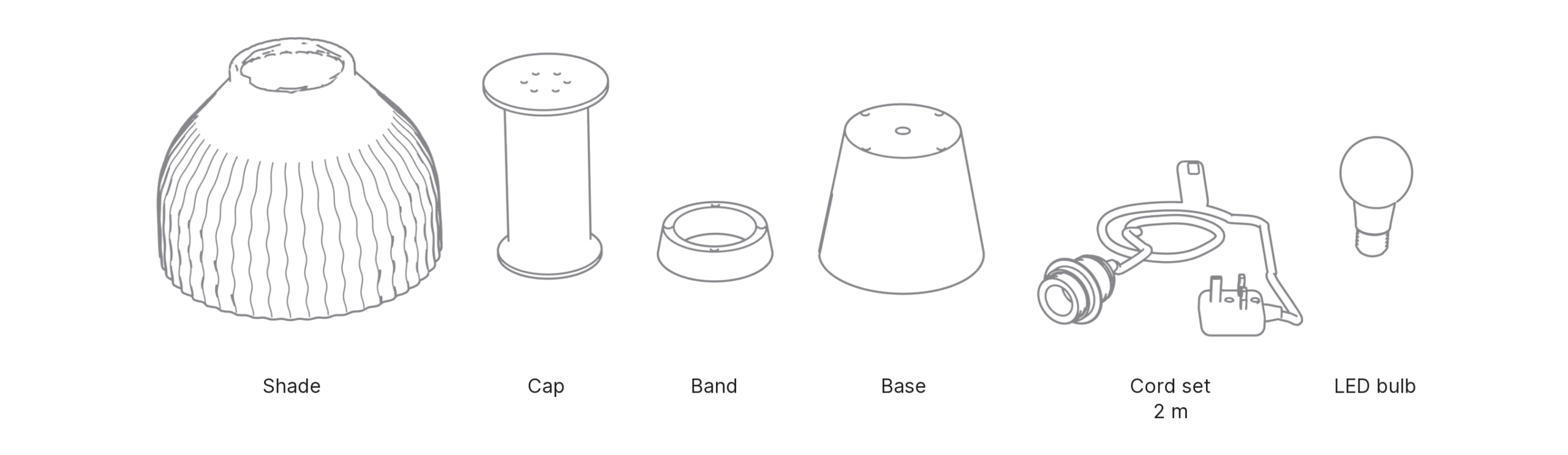What's in the box with Mushroom, Large: shade, cap, band, base, cord set and LED bulb.