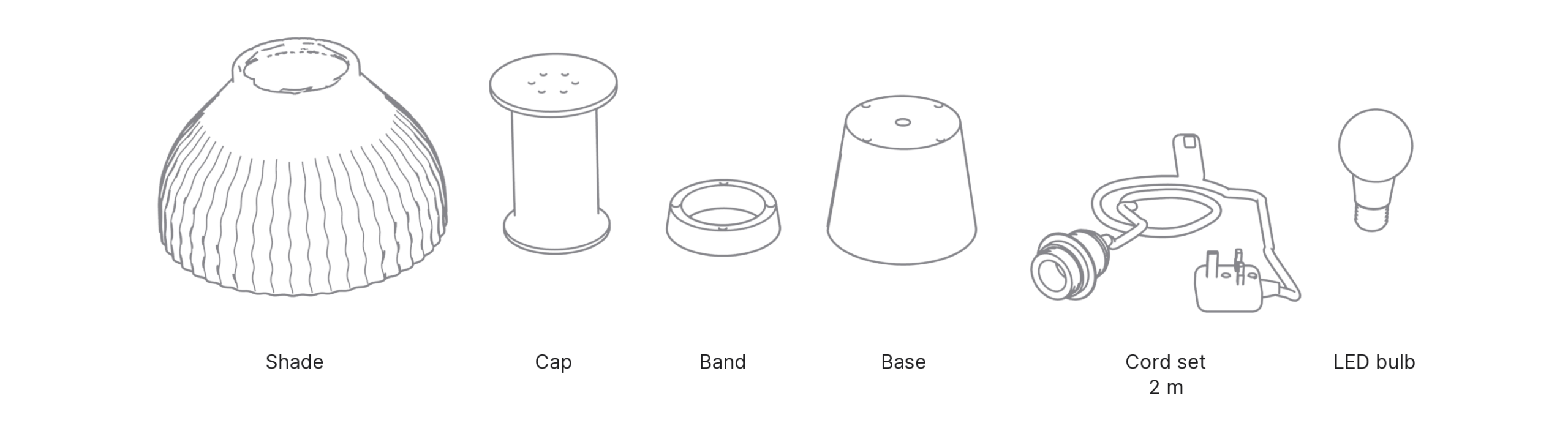 What's in the box with Mushroom, Medium: shade, cap, band, base, cord set and LED bulb.