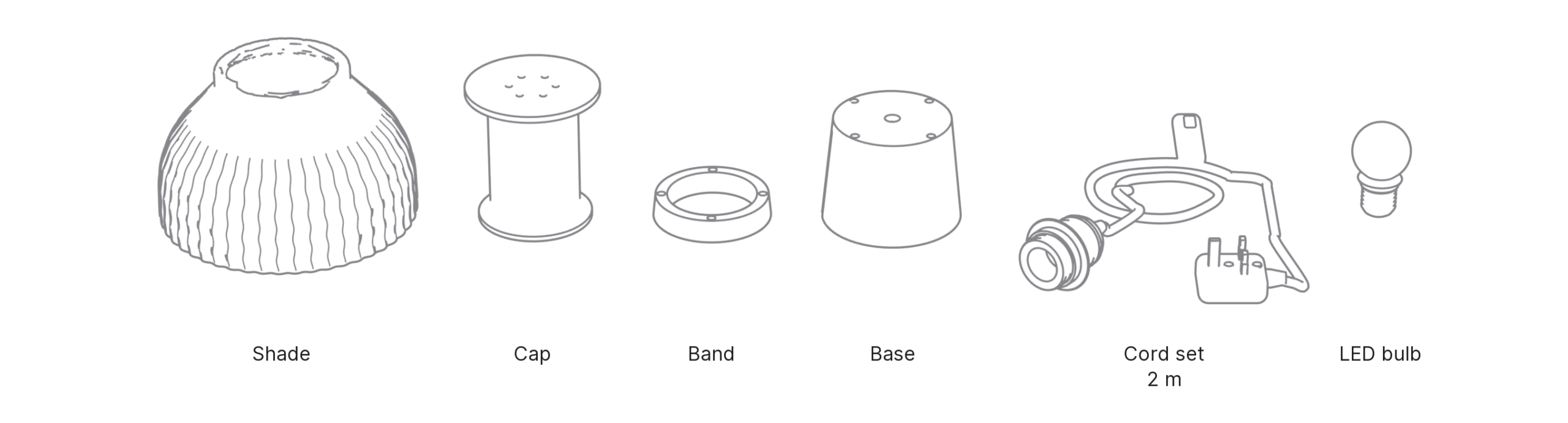 What's in the box with Mushroom, Small: shade, cap, band, base, cord set and LED bulb.