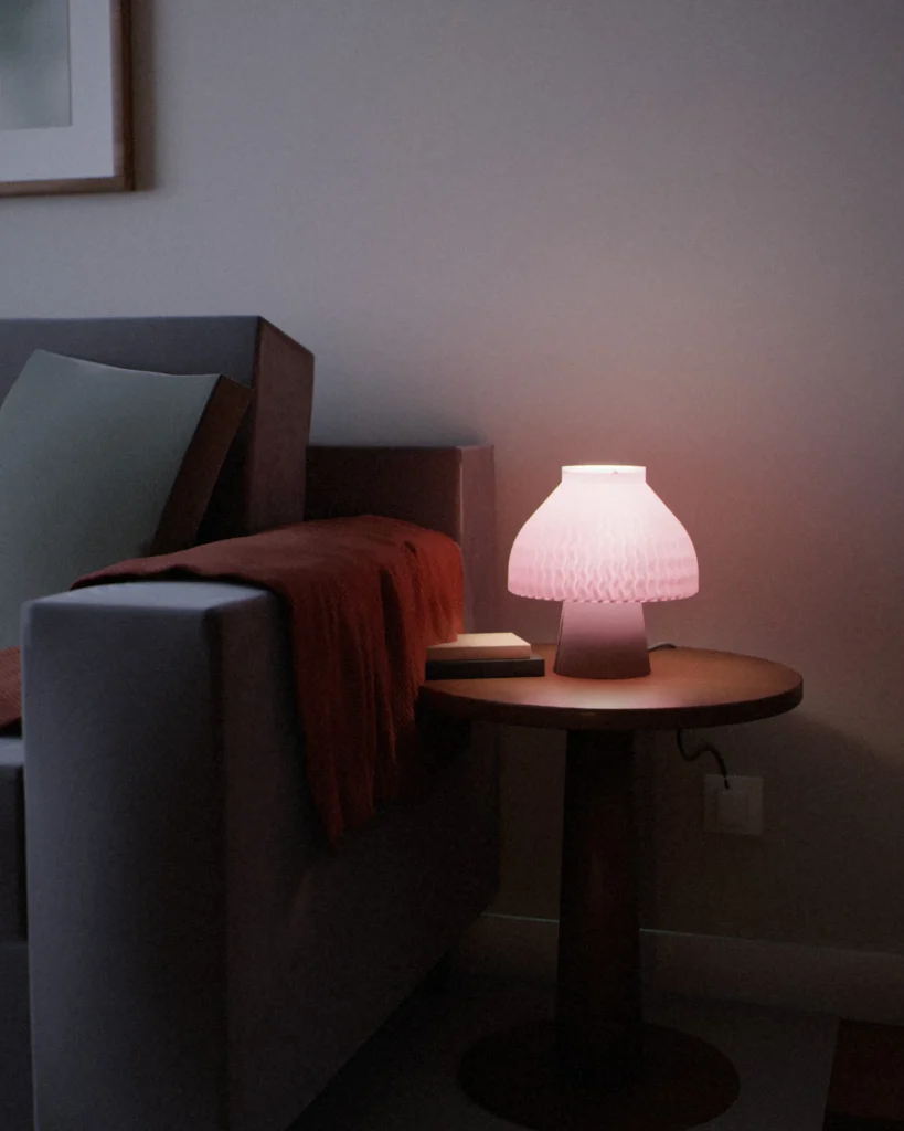 Mushroom lit in a furnished room in the evening