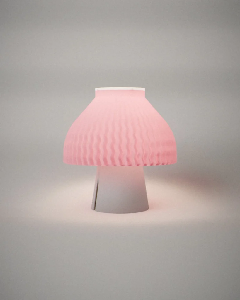 Mushroom, lit, on a pale grey wall