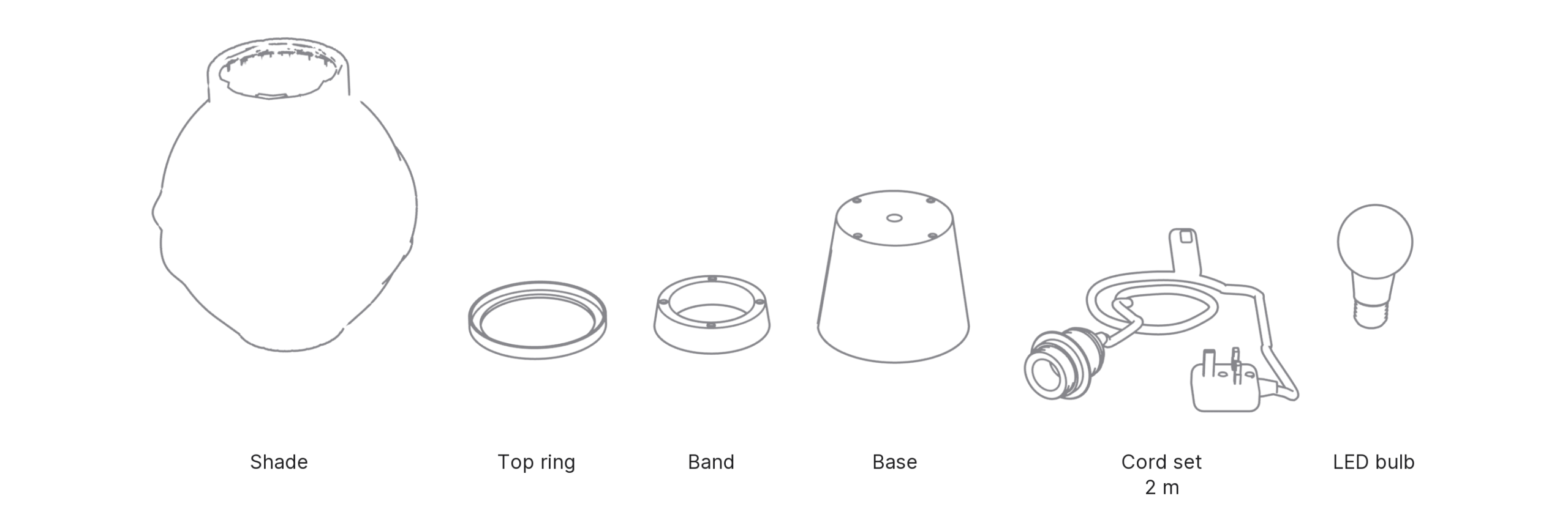 What's in the box with Nami, Medium: shade, top ring, band, base, cord set and LED bulb.