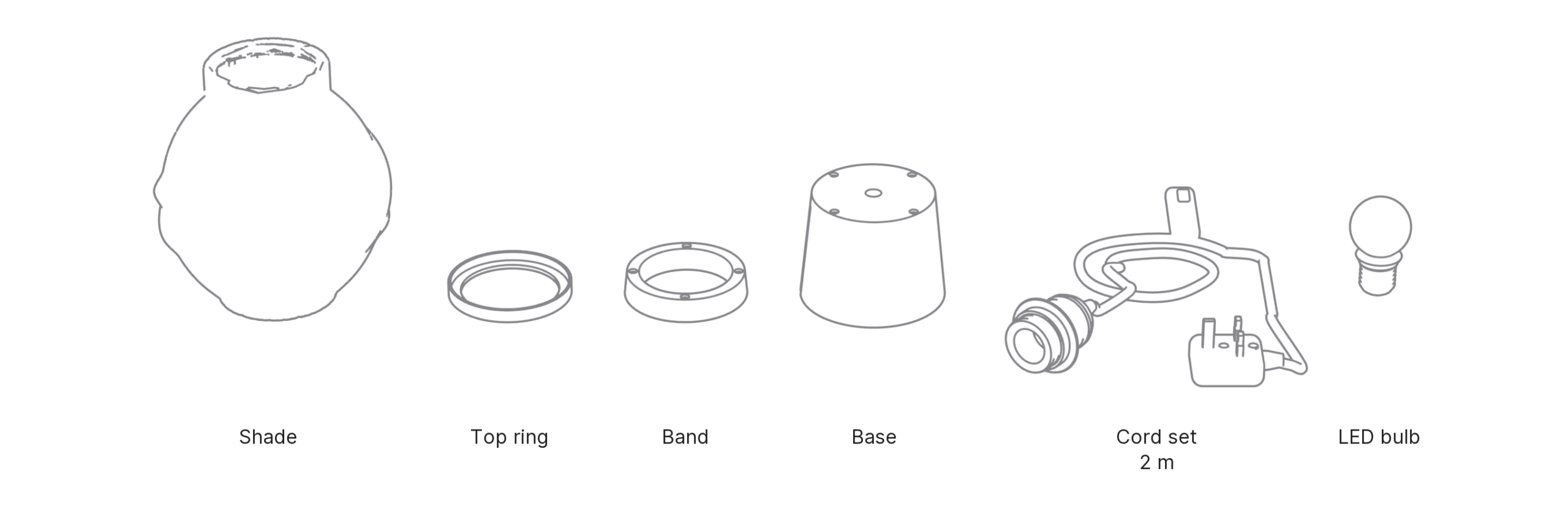 What's in the box with Nami, Small: shade, top ring, band, base, cord set and LED bulb.
