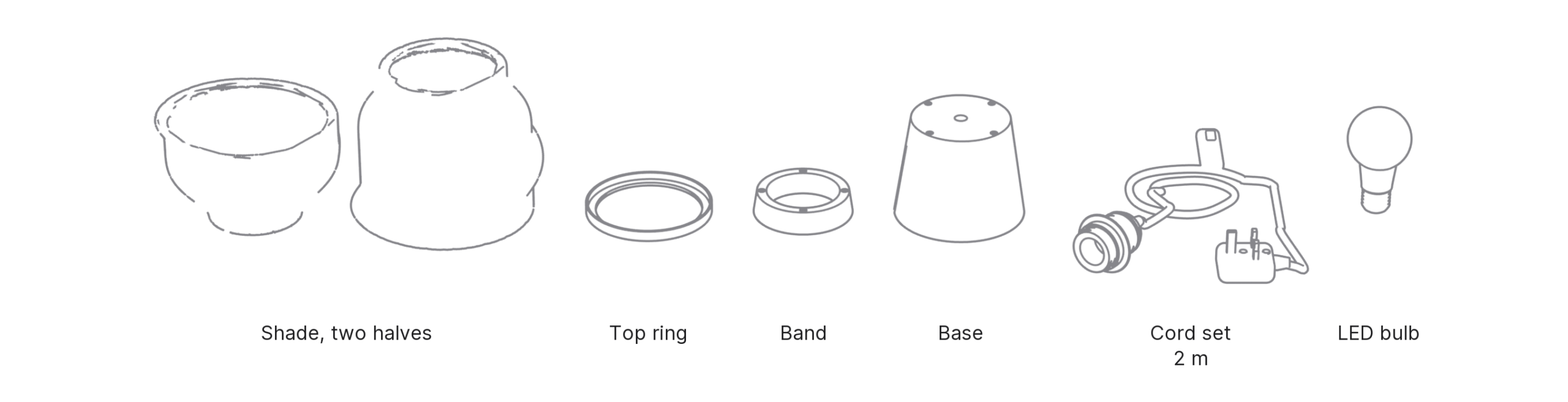 What's in the box with Obi, Medium: shade, two halves ×2, top ring, band, base, cord set and LED bulb.