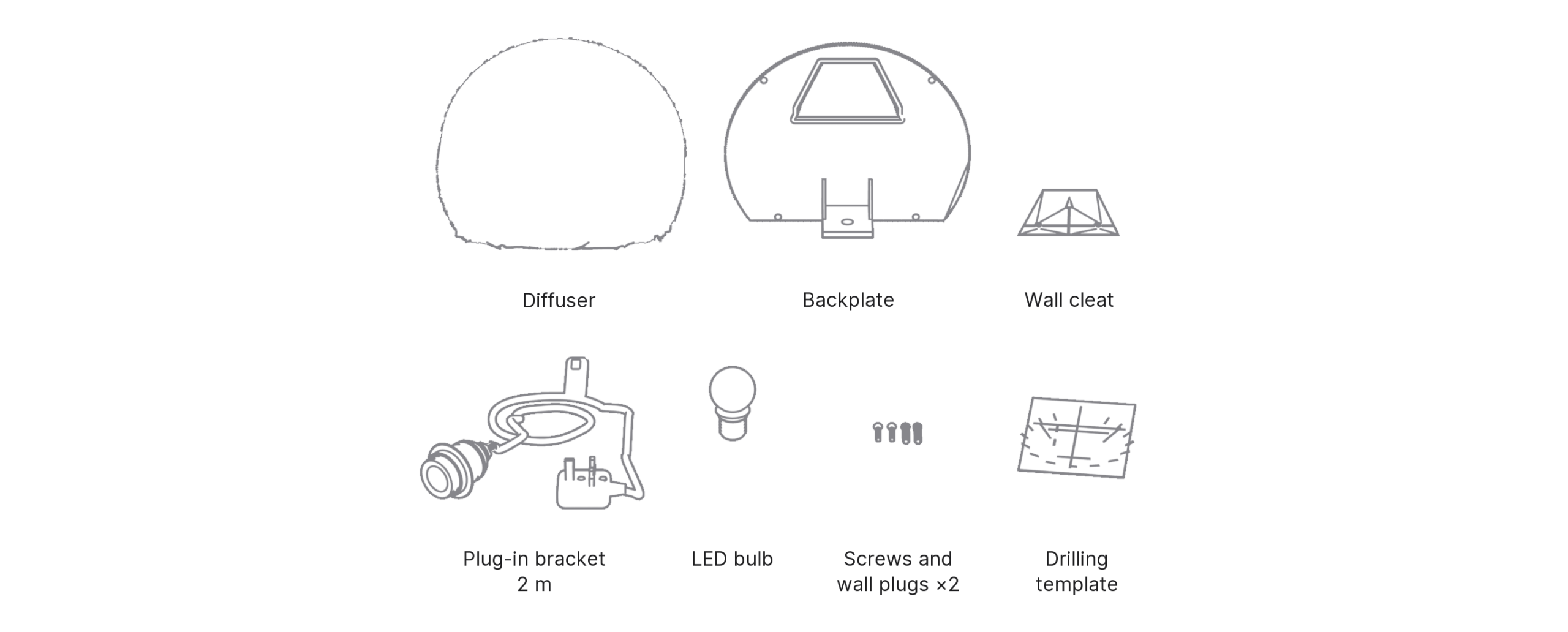 What's in the box with Ōgi: diffuser, backplate, wall cleat, plug-in bracket, LED bulb, screws and wall plugs ×2 and drilling template.