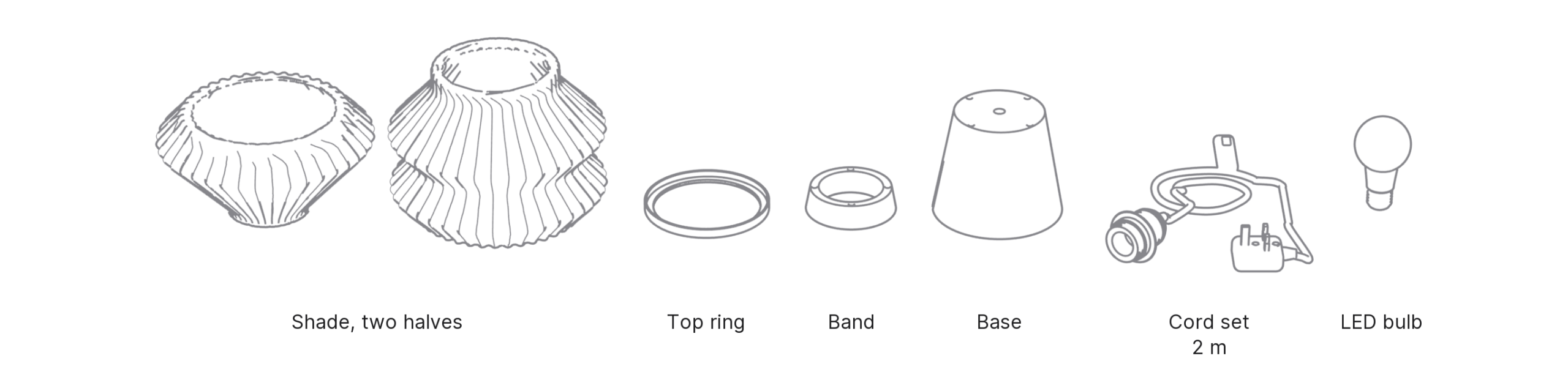 What's in the box with Pagoda, Large: shade, two halves ×2, top ring, band, base, cord set and LED bulb.