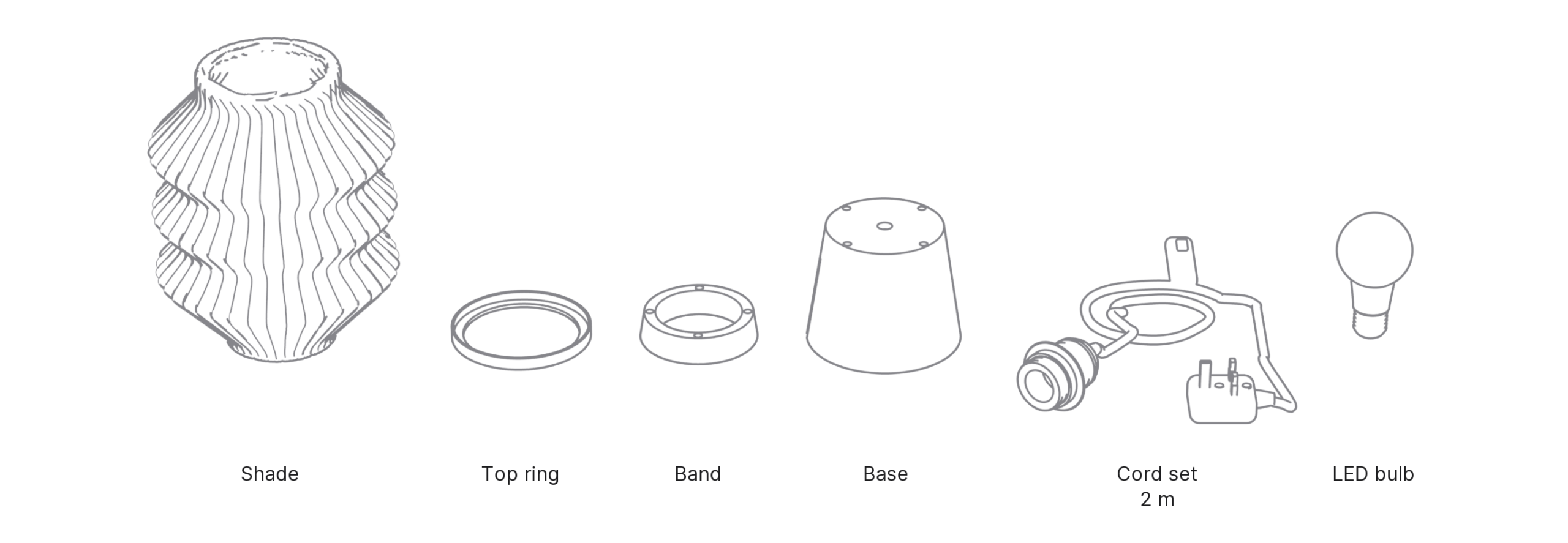 What's in the box with Pagoda, Medium: shade, top ring, band, base, cord set and LED bulb.