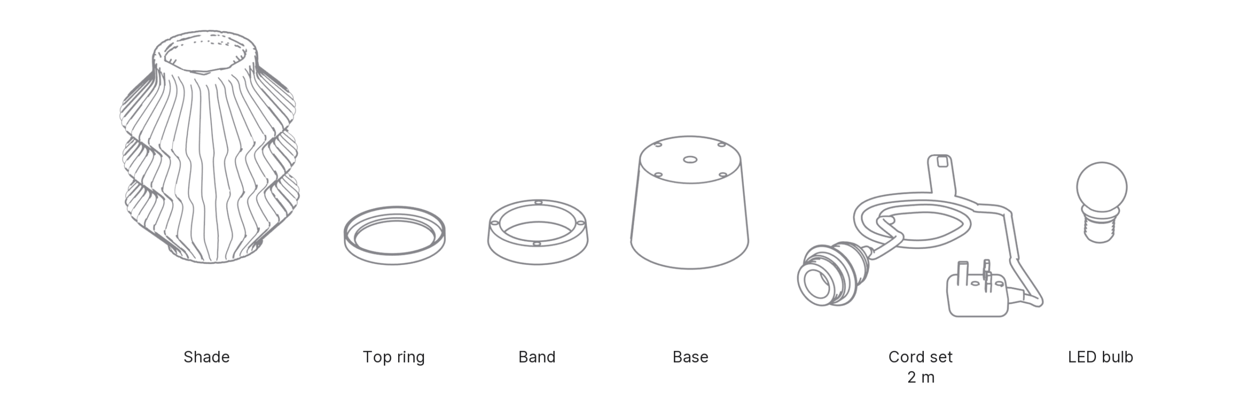 What's in the box with Pagoda, Small: shade, top ring, band, base, cord set and LED bulb.