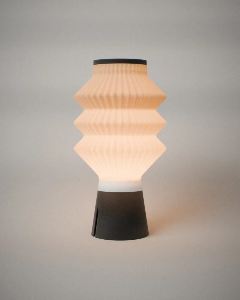 Pagoda, lit, on a pale grey wall