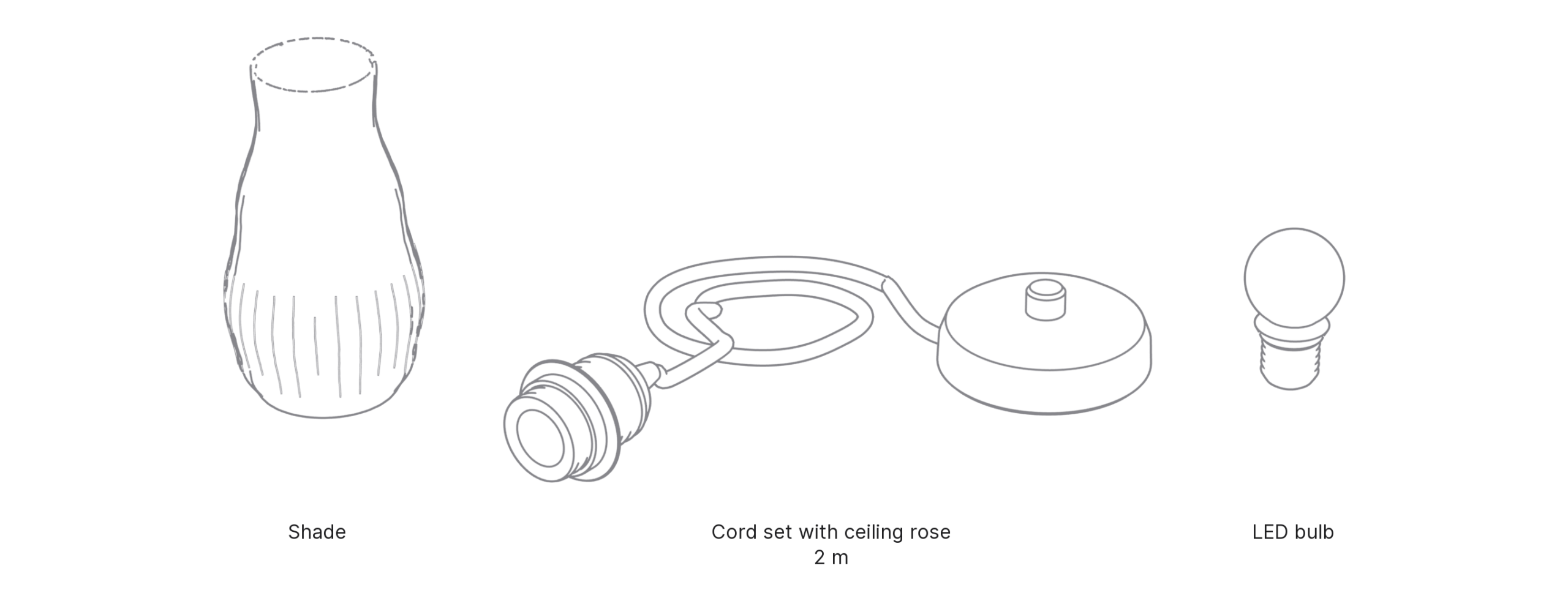What's in the box with Pear, Small: shade, cord set with ceiling rose and LED bulb.