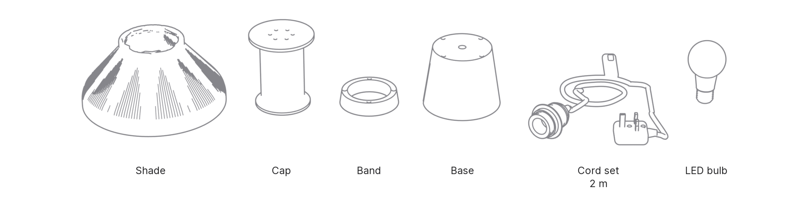 What's in the box with Petal, Medium: shade, cap, band, base, cord set and LED bulb.