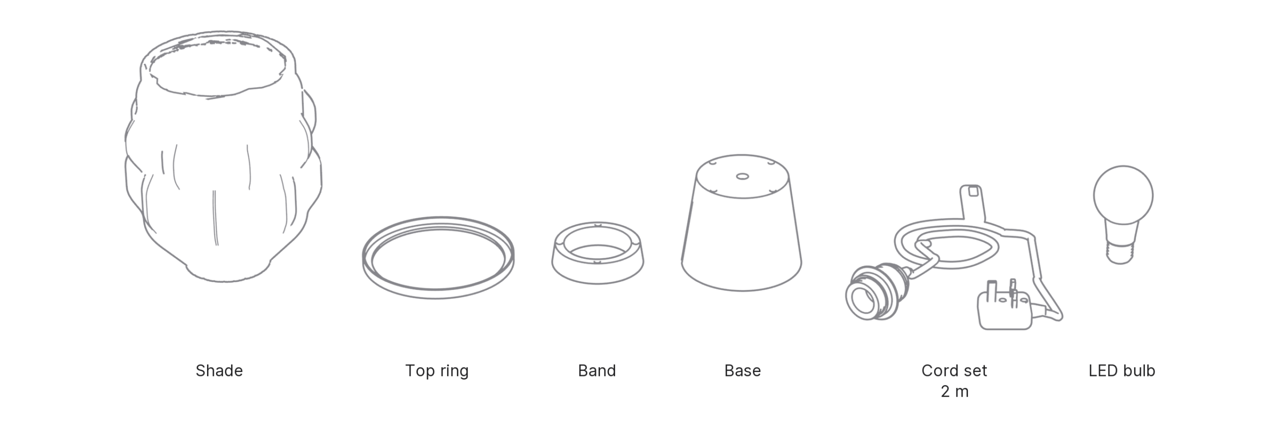 What's in the box with Pills, Medium: shade, top ring, band, base, cord set and LED bulb.